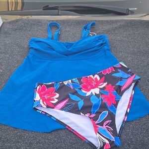 Blue Tankini Top with Floral Bikini Bottom